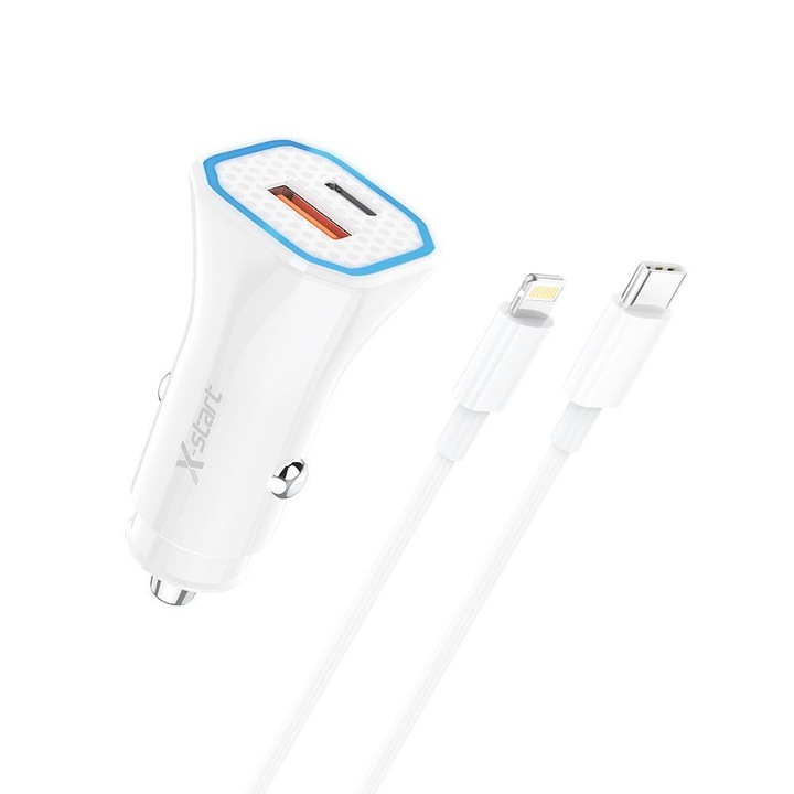X-Start Daden CC116CL autós töltő + Lightning töltőkábel, Gyors töltés, Gyorstöltés 3.0, 5V, 3A, Tápellátás 20W, 1xUSB-C, 1xUSB-A, Fehér