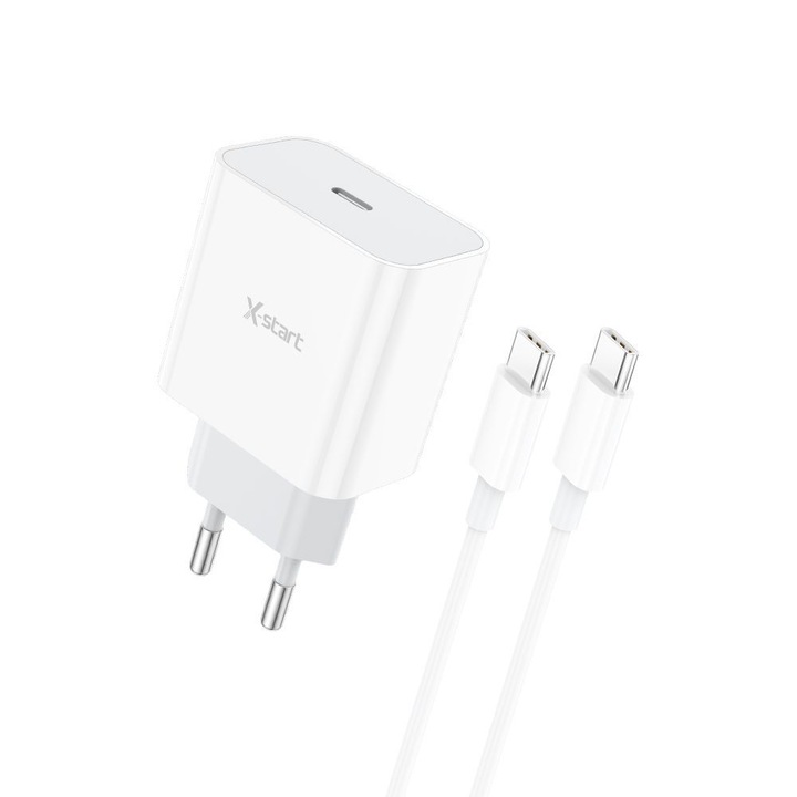 Hálózati töltő X-Start Daden CDQ094CC + USB-C töltőkábel 1m, Gyorstöltés, 5V, 3A, Tápellátás 20W, USB-C, Fehér
