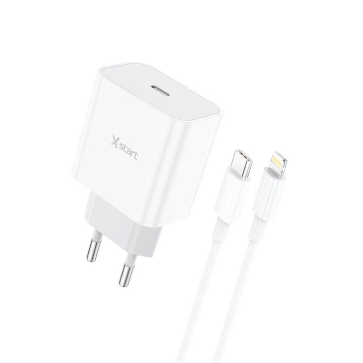 Hálózati töltő X-Start Daden CDQ094CL + Lightning töltőkábel 1m, Gyorstöltés, 5V, 3A, Tápellátás 20W, USB-C, Fehér
