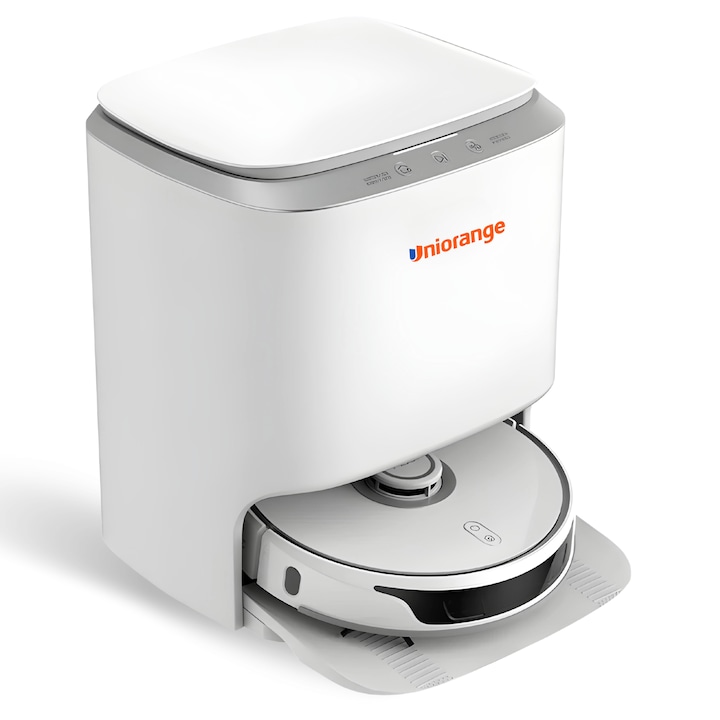 Robot de Aspirare cu Mop Rotativ, Uniorange I2 Ultra, 4000 pa, Auto-Curatare Mop, Recipient Praf 2.5 l, Uscare Mop la 50 de grade, Statie Automata, 4 senzori, Control App, Alb