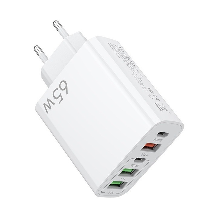 Incarcator Retea 5 Porturi 65W FastCharge 3 x USB, 2 x Type-C Compatibil Huawei Samsung Xiaomi Alb