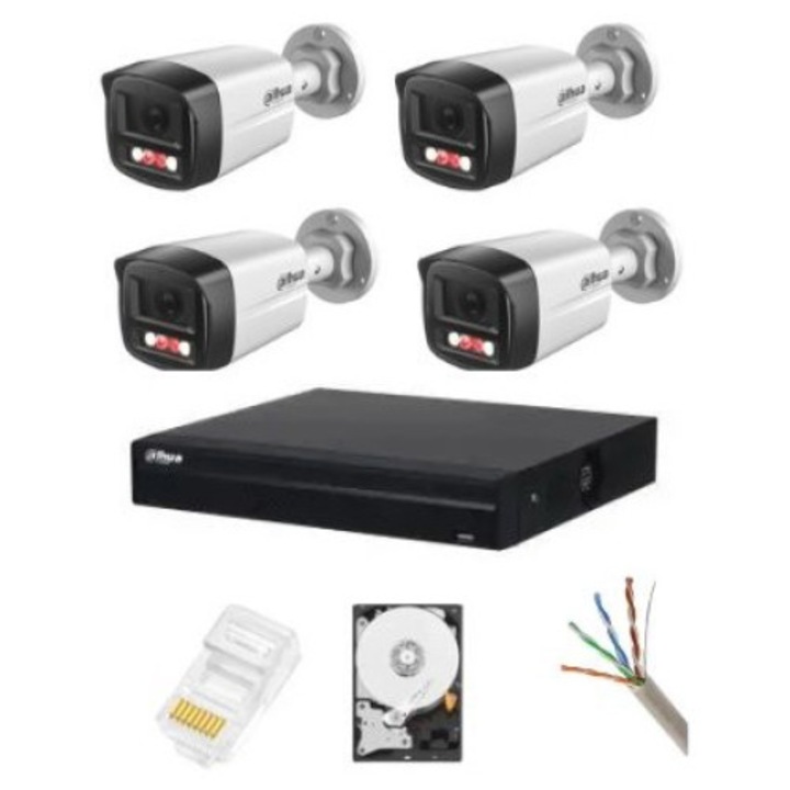 Sistem supraveghere complet, Dahua, 4 camere IP 4MP, iluminare duală, microfon, NVR 4 canale, HDD 1TB, accesorii instalare incluse