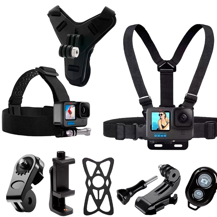 6 db-os készlet sportvideokamerához, GearPro, mellkaspántok, sisaktartó, Bluetooth távirányító, kompatibilis a GoPro-val, DJI, telefon, fekete