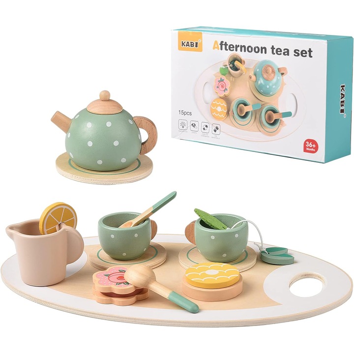 Set de ceai pentru copii cu accesorii incluse, Montessori, din lemn, 15 piese, SARALMA®