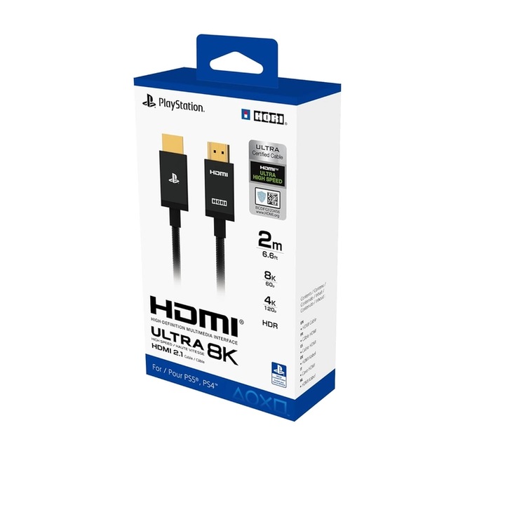 Кабел Hori Ultra High Speed, HDMI 2.1 кабел, PlayStation 5, 2m, 8K@60Hz, 4K@120Hz, HDR, eARC, черен