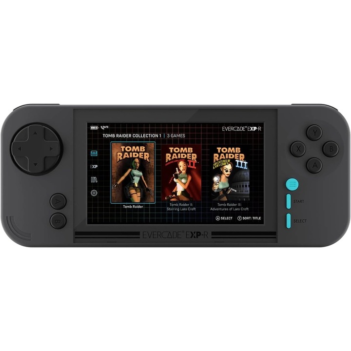 Evercade EXP-R, преносима игрова конзола, ретро игри, 800x480 IPS, Wi-Fi, USB-C, колекция Tomb Raider, сив