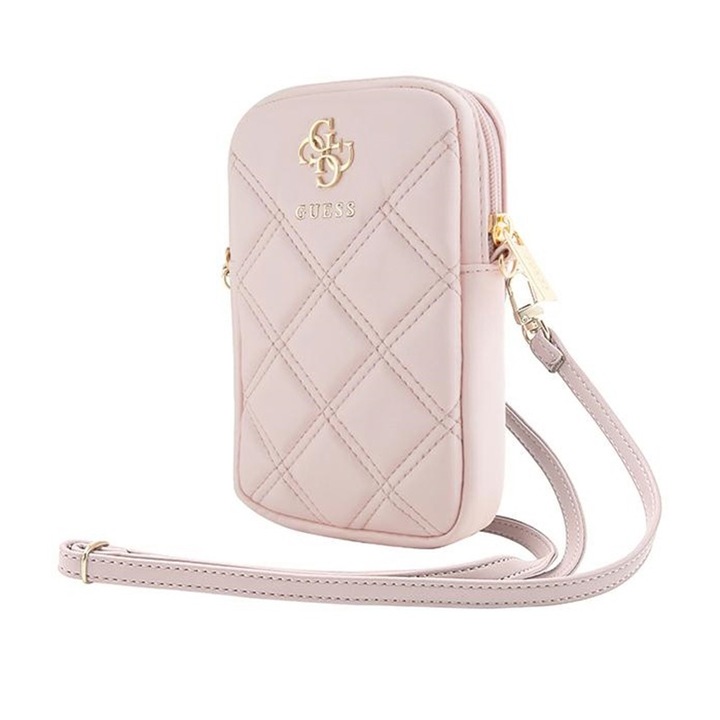 Geanta de dama GUESS Quilted 4G, piele ecologica, logo 4G, roz, 19x12x3.8cm
