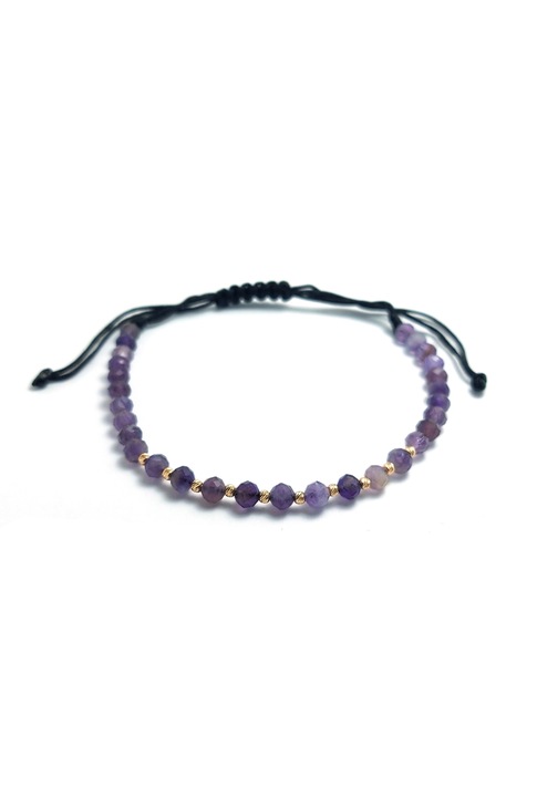 Bratara cu snur, 10 bilute striate 2mm din aur 14k, Ametist fatetat lila