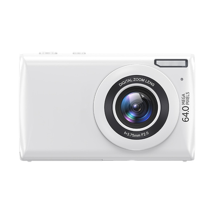 Aparat foto digital, 64 megapixeli, ecran de 2, 8 inchi cu blit, 64 GB de memorie, zoom 18x, alegere in mai multe limbi, alb