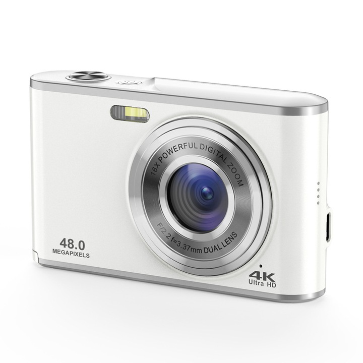 Digitális kamera, 48 megapixel, kettős első és hátsó kamera, 16x zoom, OTG átvitel, USB töltés, hosszú akkumulátor-élettartam, elektronikus stabilizátor, fehér