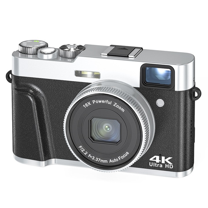Digitális fényképezőgép, retro stílusú, 4k HD, 48 megapixel, beépített vaku, AF autofókusz, 16x zoom, elektronikus stabilizátor, fekete