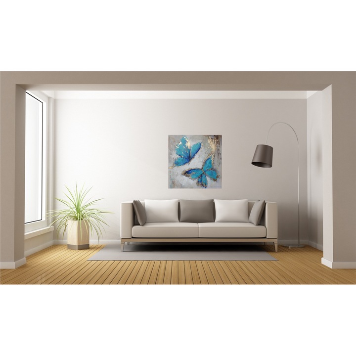 Tablou pictat manual Butterfly albastru, Mendola Interior, 40 x 40 cm