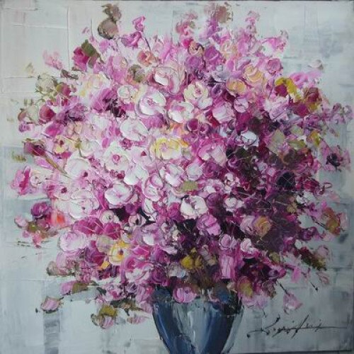 Tablou pictat manual Geranium roz, Mendola Interior, 60 x 60 cm