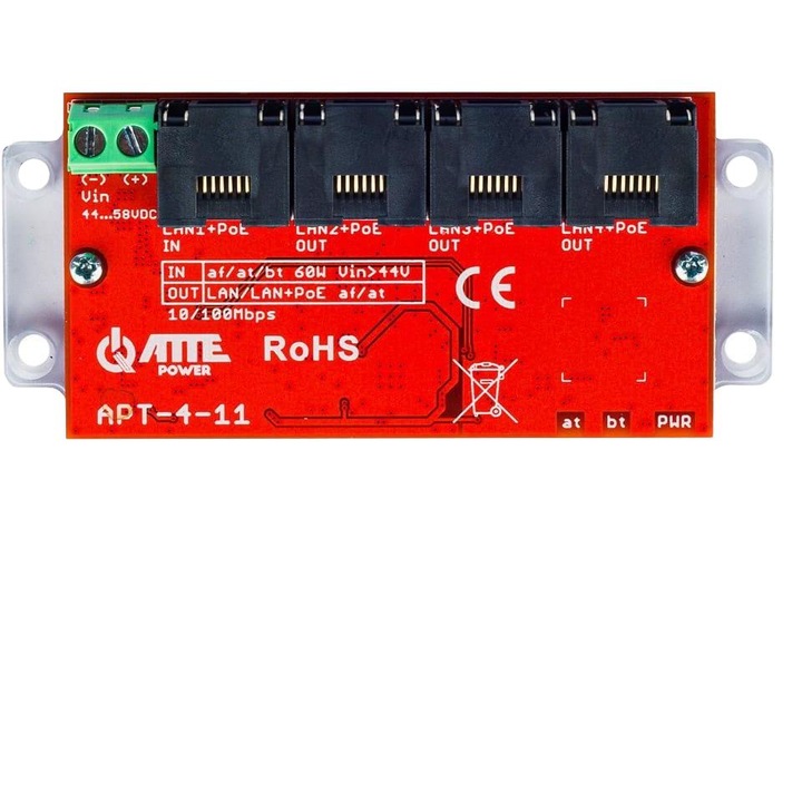 PoE суич ATTE APT-4-11, 4 порта, 10/100Mbps, удължител, червен