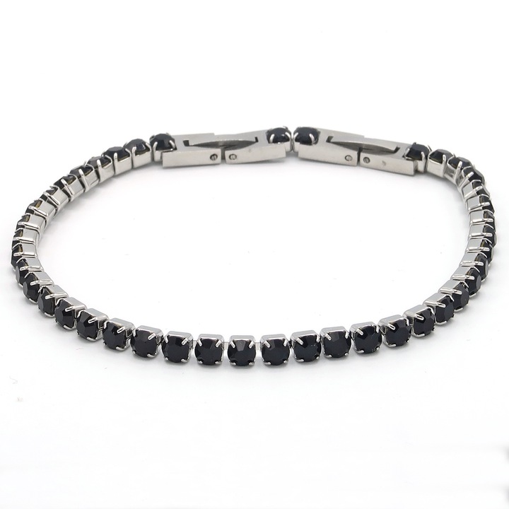 Bratara tip Tennis Argintie cu Cristale Zirconiu Negre - Accesoriu Unisex Elegant si Rafinat
