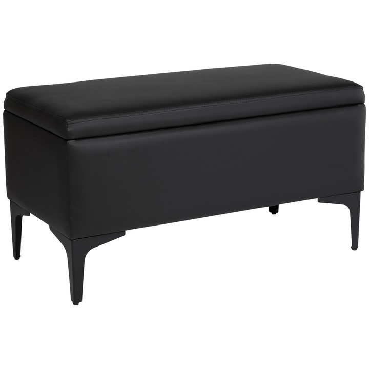 Bancheta cu spatiu de depozitare Canetti BL, Lordly, Piele ecologica, 81x42 cm, Negru
