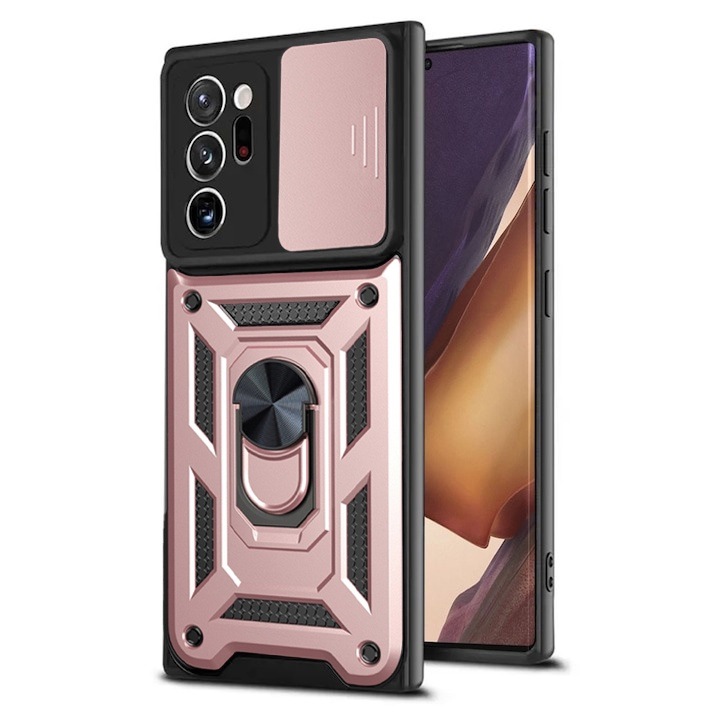 Калъф за Samsung Galaxy Note 20 Ultra / Note 20 Ultra 5G Premium Hybrid Armor Kickstand, Slider Camera, Anti-Shock, Top Protection, Rose Gold