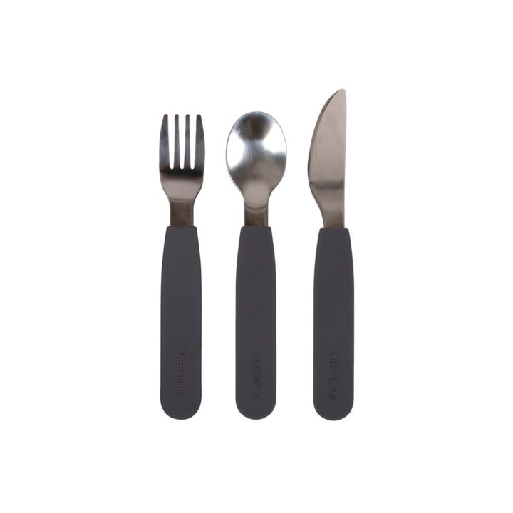 Set de tacamuri pentru copii, Filibabba, 3 piese, silicon si inox gri, 16,5x9x2cm