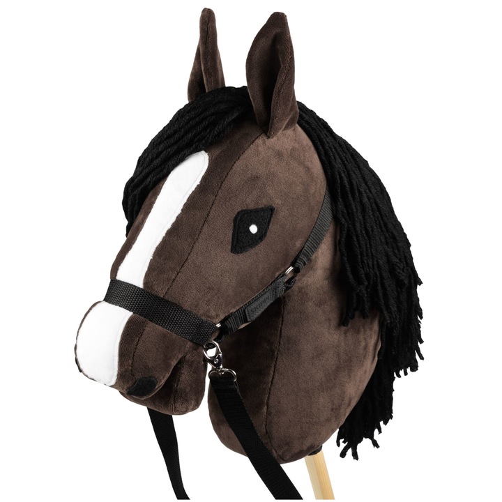 Cal de jucarie pe bat, Froster Skippi, Poliester/Lemn, maro, 30cm