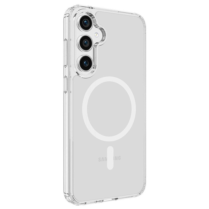 Husa tip MagSafe, pentru Samsung Galaxy S23 FE, Clear Magnetic Slim Fit, Incarcare wireless, Colturi aerate antisoc, Silicon, Transparenta