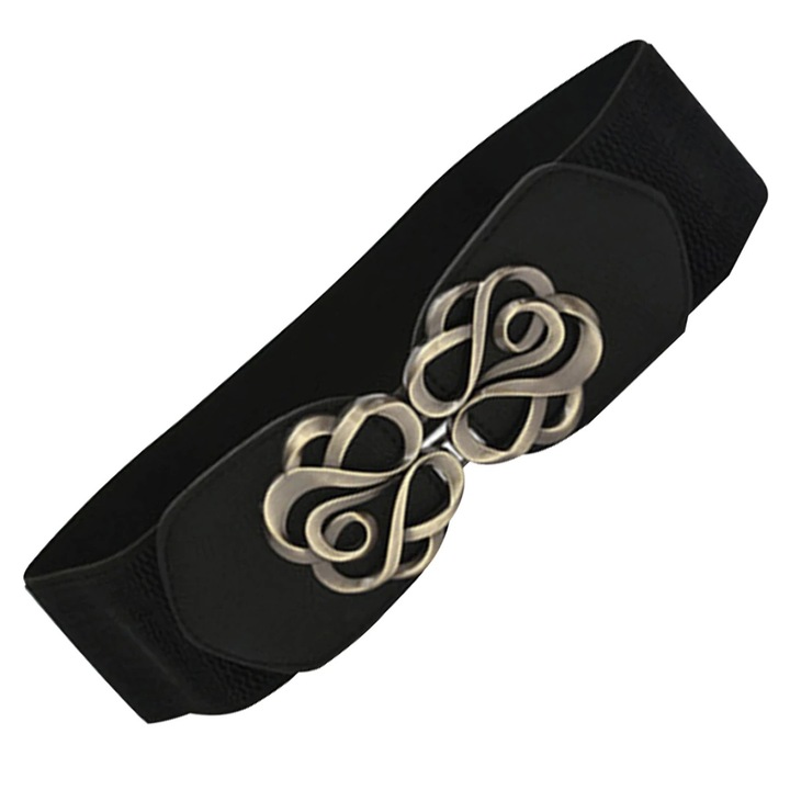 Винтидж еластичен дамски колан с двойна катарама с цвете, черен, комплект от 1 брой, Черен, 80