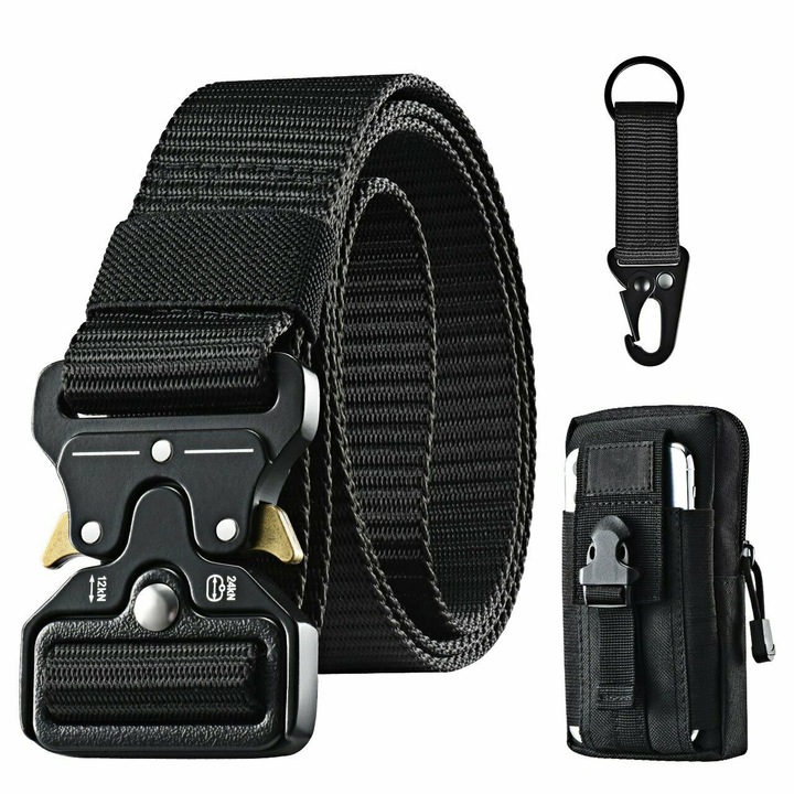 Curea Tactica Ajustabila, Set cu Pouch Molle si Carlig Tactic, Negru, 125cm
