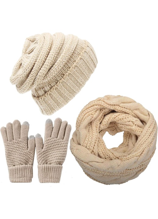 Комплект дамска шапка, шал и ръкавици, QttvbTna, трико, тъчскрийн, бежов