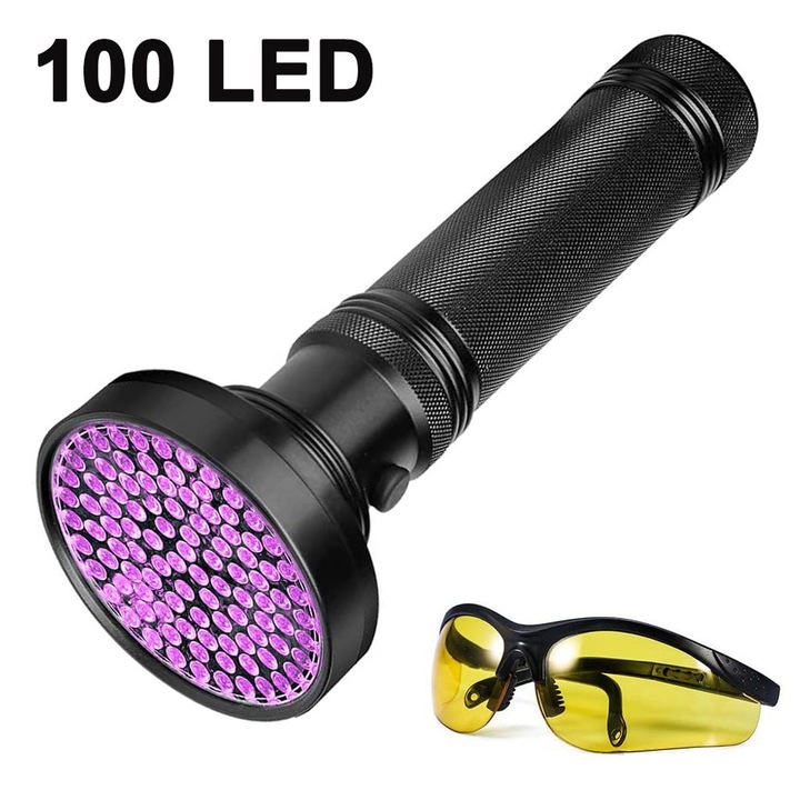 Комплект UV фенер/очила, QttvbTna, 100 светодиода, 395nm, водоустойчивост, черен, 19.5x7.8cm