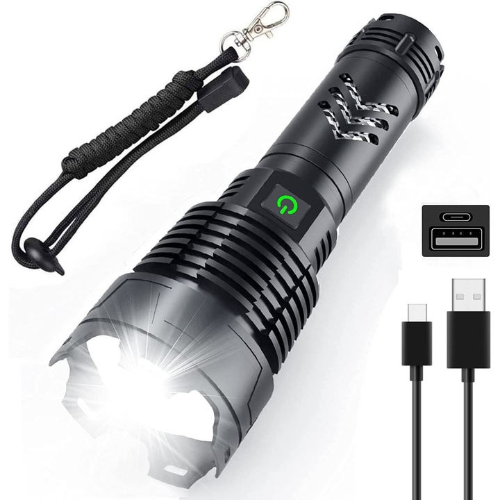 LED фенер XHP160, QttvbTna, 5 режима, 90000 lm, IPX65, 18650mAh, черен