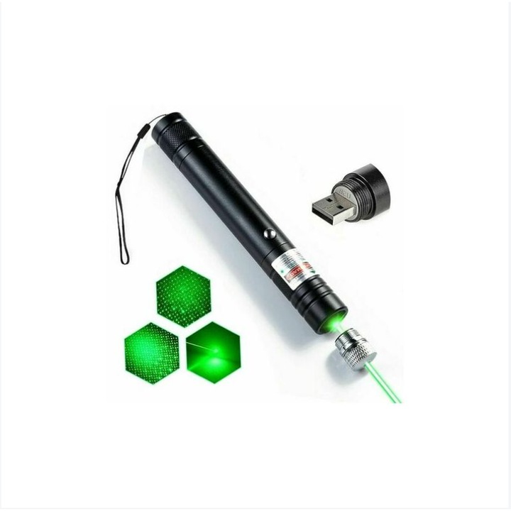 Фенерче 3в1, Jormftte, Green Laser 710USB, Неръждаема стомана, USB зареждане, Черен