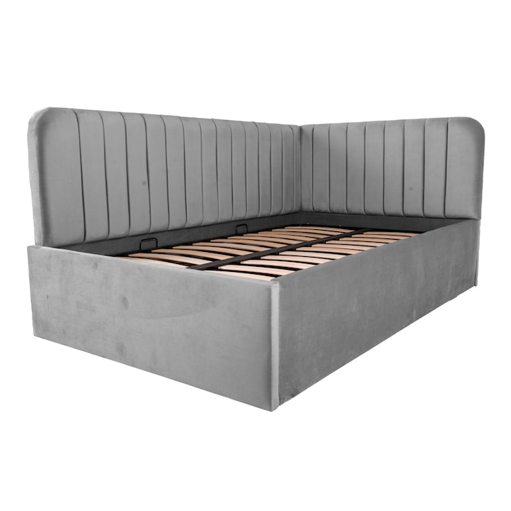 Pat dublu tapitat Disney line stanga 120/200 cm, gri deschis, cu somiera metalica rabatabila si spatiu de depozitare