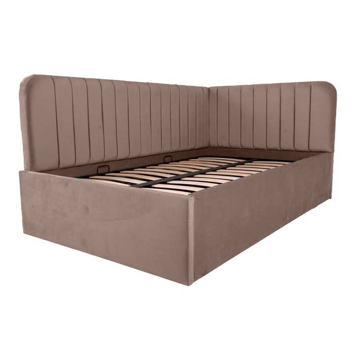 Pat dublu tapitat Disney line stanga 120/200 cm, cappuccino, cu somiera metalica rabatabila si spatiu de depozitare