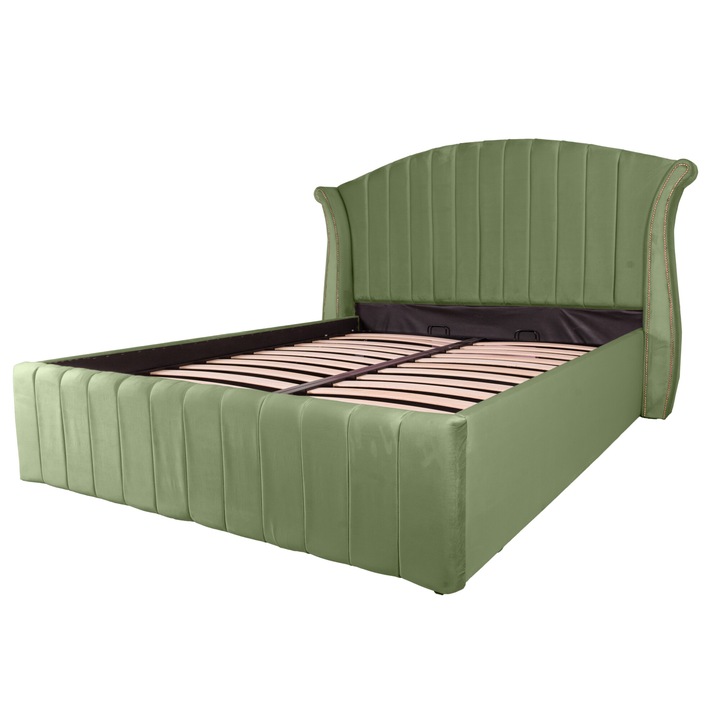 Pat dublu tapitat Miami line 140/200 cm, kaki cu detalii aurii, cu somiera metalica rabatabila si spatiu de depozitare