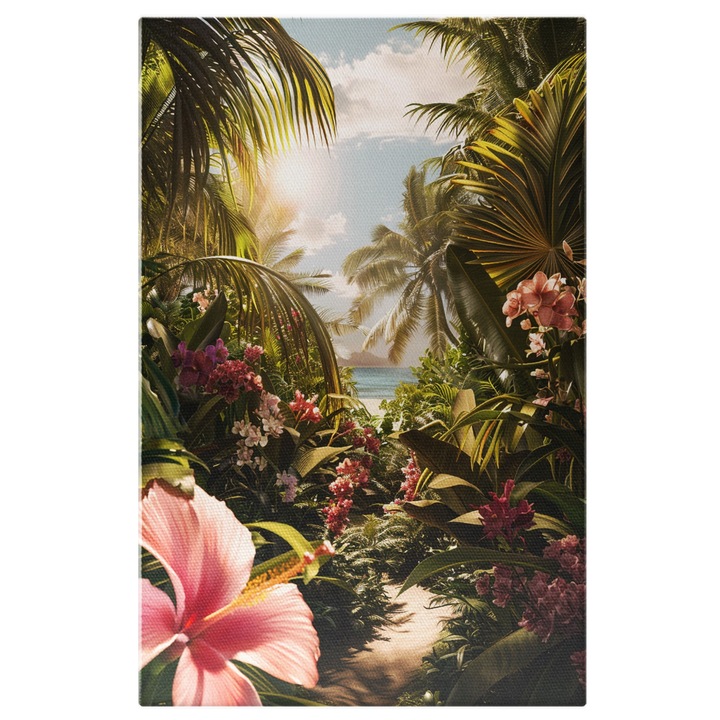 Tablou Canvas Cararea Spre Infinitul Oceanului Acoperita cu Flori Roz Parfumate Peisaj, Pictura Digitala 40x25CM