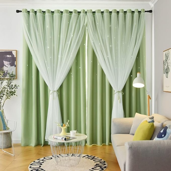 Set draperie blackout si perdea din voal, tip panou, lucrate pe inele tip capse, verde 2x150x270 cm