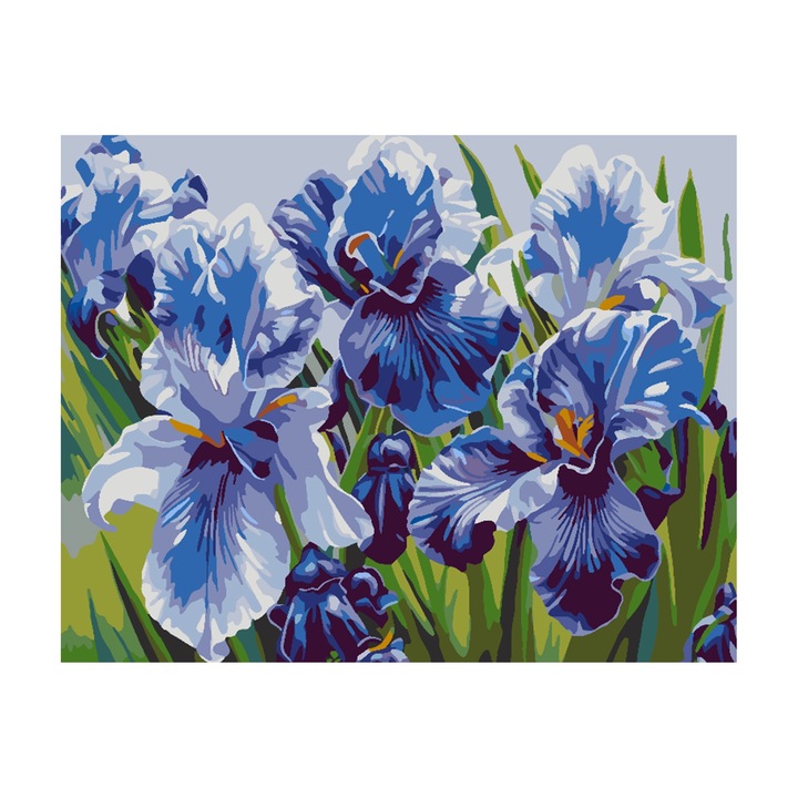Set pictura pe numere Flori violete 4514, panza bumbac pe rama lemn, 40x50 cm, tablou cu schita, 3 pensule si vopsea acrilica