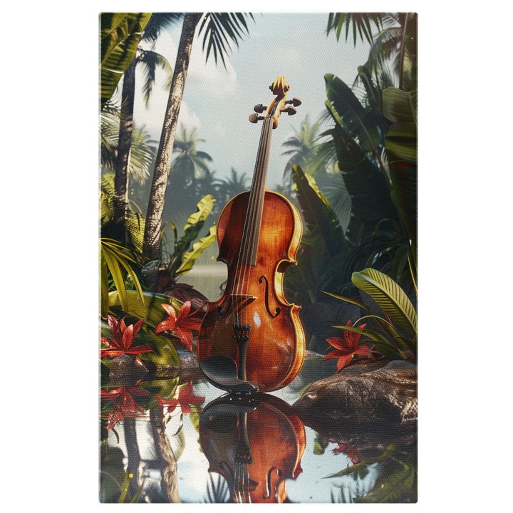 Tablou Canvas Un Violoncel ce se Admira in Apa ca Oglinda in Padurea Umezita de Aerul Tropical, Pictura Digitala 70x50CM