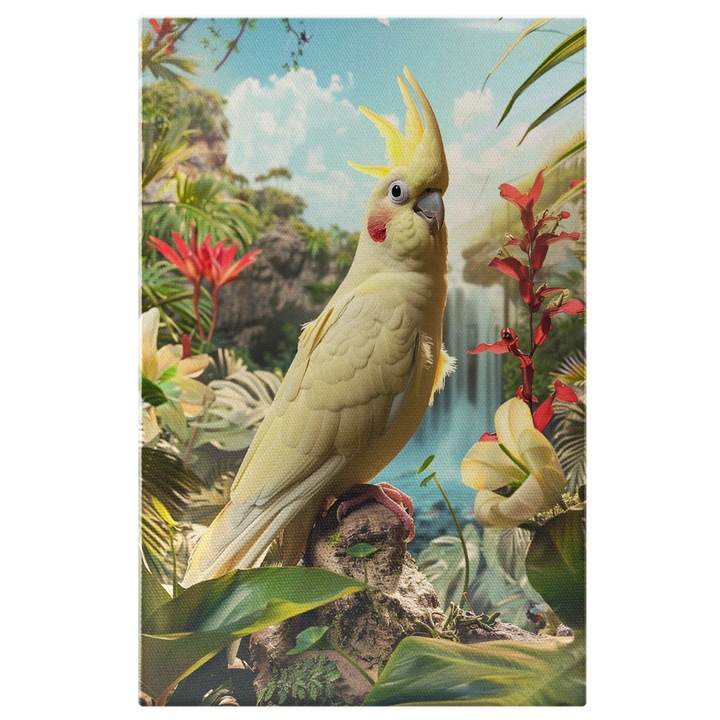 Александър Велики Жълт папагал Картина на платно Камуфлажен сред красотите на джунглата, Дигитална картина 100x70CM