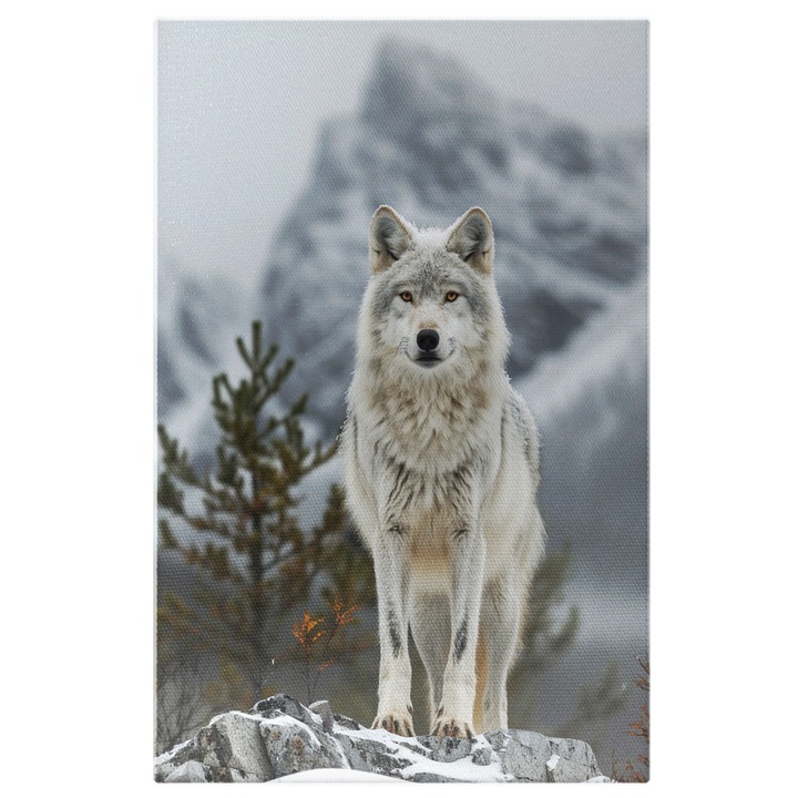 Tablou Canvas Lupul Alb in Prim Plan pe Stanca Privirea Cutreietoare si Muntii Trufasi, Pictura Digitala 40x25CM