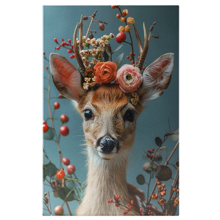 Tablou Canvas Caprioara cu Flori in Coarne Decor cu Flori Salbatice Libertate in Natura, Pictura Digitala 40x25CM