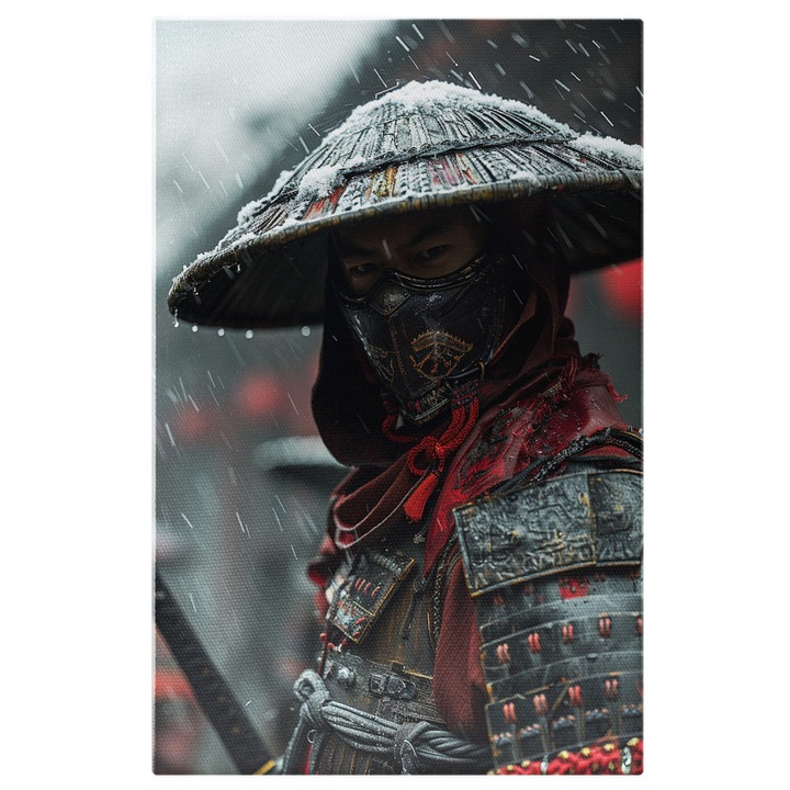 Tablou Canvas Samuraiul Luptatorul Asiei cu Masca si Costum Ninsoare Abundenta in Oras, Pictura Digitala 40x25CM