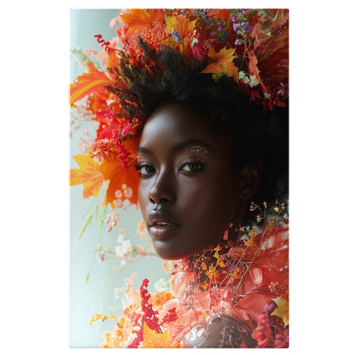 Tablou Canvas Pictura Naturii in Portretul Negresei si Calatoria in Lumea Florilor de Toamna, Pictura Digitala 40x25CM