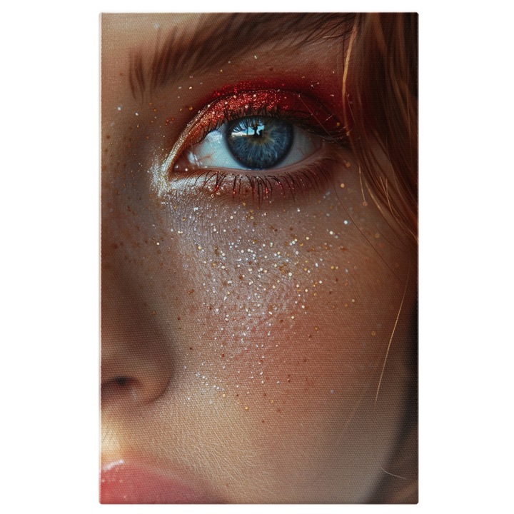 Картина на платно Искрящ грим на червени сини очи с блестящи лунички, дигитална картина 70x50CM