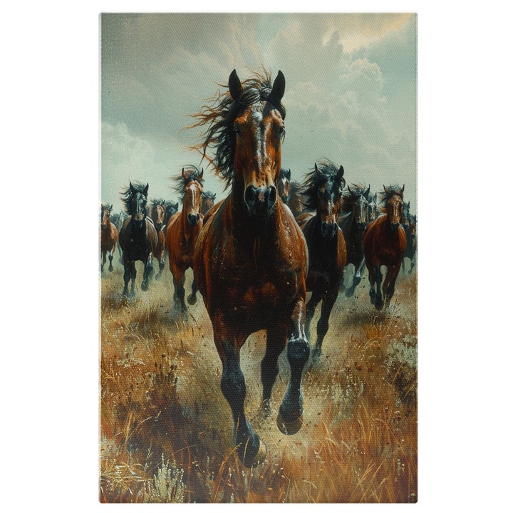 Tablou Canvas Cai Salbatici Alearga Liberi pe Pajiste in Ziua Senina Cu Cer Albastru, Pictura Digitala 40x25CM