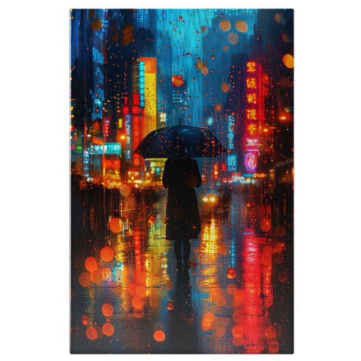 Картина на платно Човек с чадър в дъжда Цветовете на града, празнуващи живота независимо от сезона, дигитална картина 90x60CM
