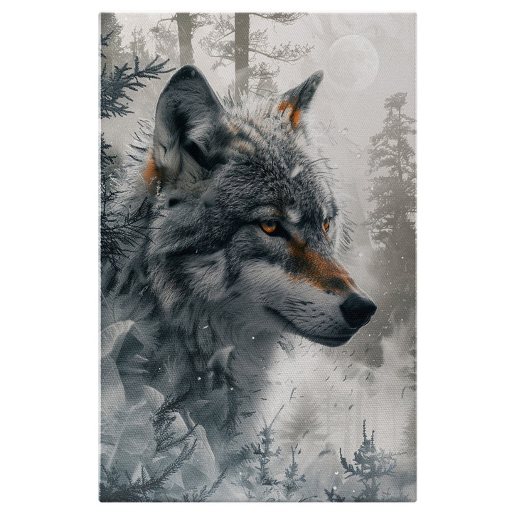 Tablou Canvas Energia Lupului Agil Fantomele Haitei in Regatul Alb sub Clar de Luna, Pictura Digitala 40x25CM