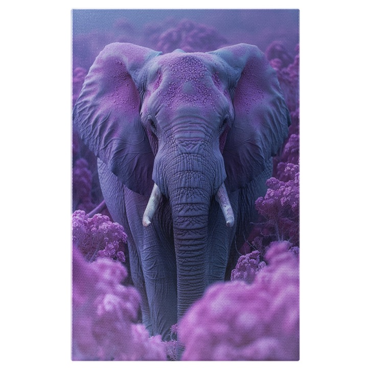 Tablou Canvas Majestatea Tacuta Elefantul cu Praf Mov in Splendoarea Salbatica a Savanei Colorate, Pictura Digitala 40x25CM