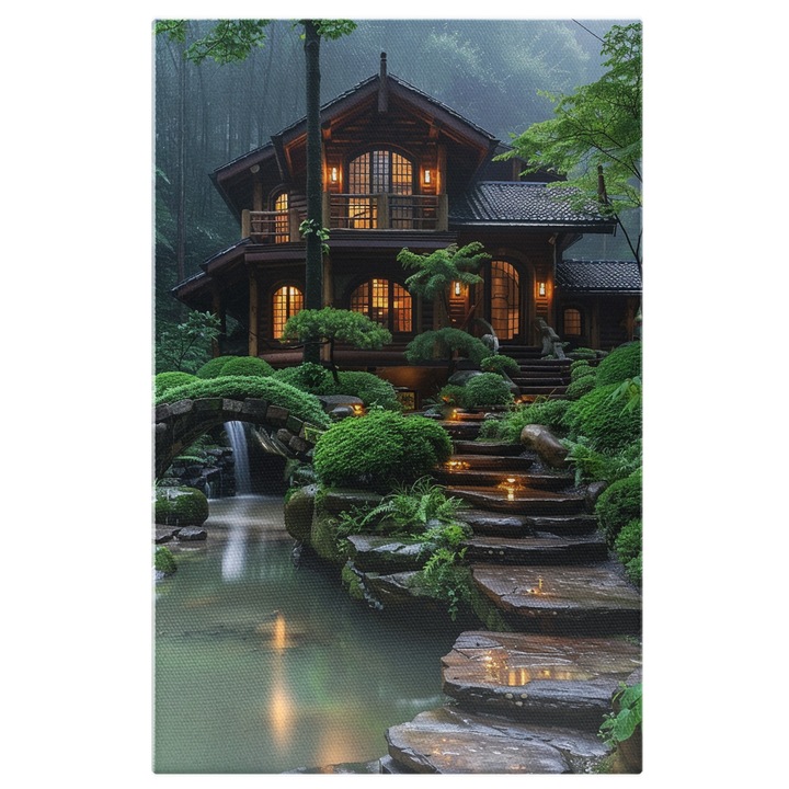 Tablou Canvas Casa din Mijlocul Naturii cu Scari din Piatra si Cascada Asezamand im Padure, Pictura Digitala 90x60CM