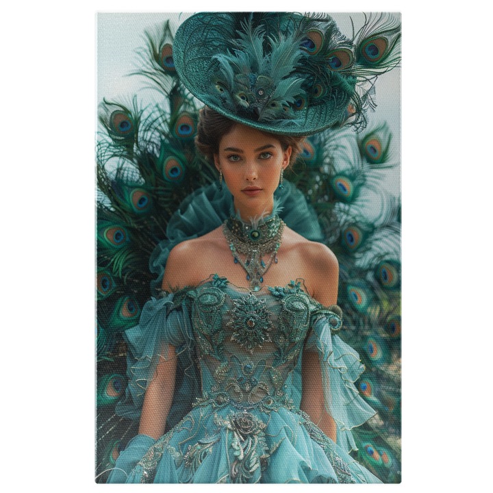 Tablou Canvas Femeia in Rochie de Epoca cu Palarie si Trena Fantezista din Pene de Paun, Pictura Digitala 70x50CM
