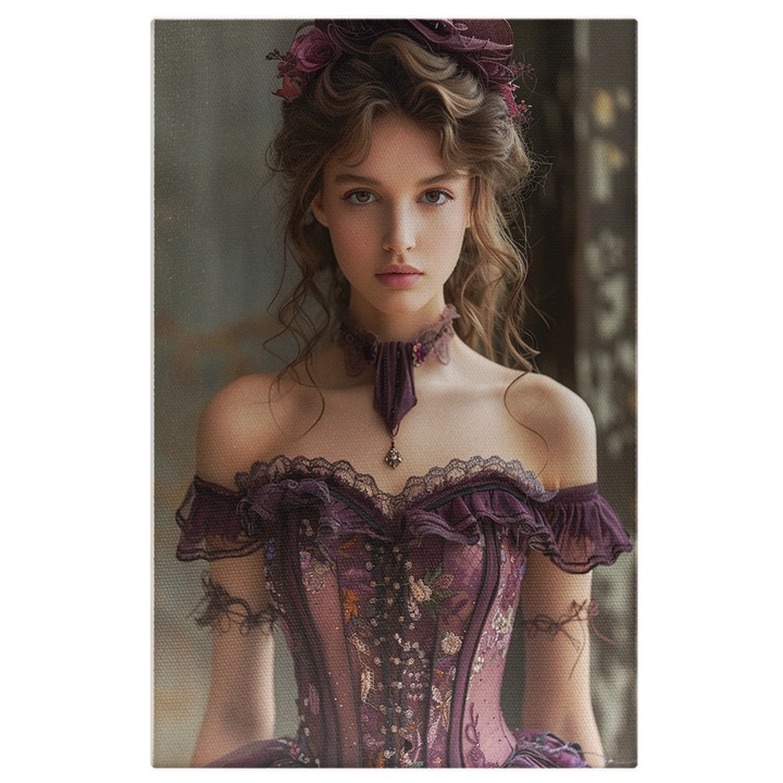 Tablou Canvas Doamna in Mov Puritate Absoluta a Chipului Perfect cu Ochi Verzi de toamna, Pictura Digitala 60x40CM